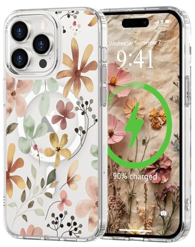 L-FADNUT for iPhone 14 Pro Floral Case Compatible with Magsafe for Girl | Magnetic Cute Flower Pattern Design Phone Case, Slim Clear Wildflower Bumper Shockproof Protective Silicone Cover, Brown