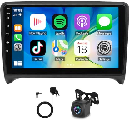 Slakerbe Android 14 Autoradio 2 Din mit Carplay Android Auto kompatibel mit Audi TT MK2 2006-2014, 4G+64G 9 Zoll Auto Radio Stereo mit Bluetooth Navi WiFi FM RDS Rückfahrkamera Mic