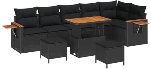 vidaXL 9-teiliges Gartensofa-Set mit Kissen aus schwarzem Poly-Rattan für Garten und Terrasse, wetterfestes modulares Entspannungs-Set
