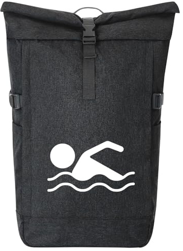 Huuraa Kurierrucksack Schwimmen Silhouette Geschenk | 30-44 Liter Backpack Black Melange Fairtrade Rolltop Rucksack Geschenkidee Schwarzer Laptop-Rucksack passend für 17-Zoll