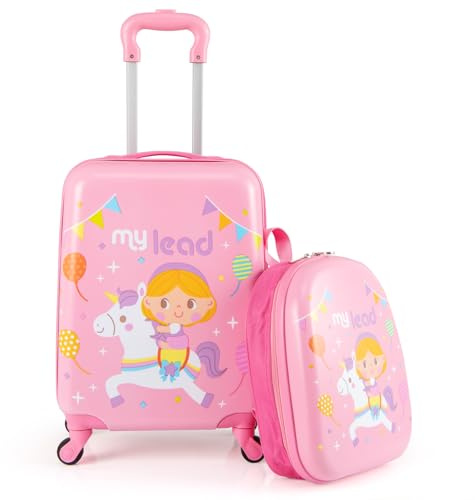 RELAX4LIFE Set Valigia Bambini 2 in 1 Principessa Cavallo Rosa Pastello (Trolley16 + Zaino 12) con Ruote 360°, Maniglia Regolabile, Zaino con Piedini | ABS Resistente | Ideale per Viaggi e Scuola