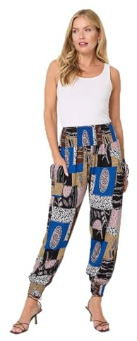 Izabel London Patchwork Print Pocket Front Harem Pants for Women UK with a Shirred high Waist and Cuffed Ankles.
