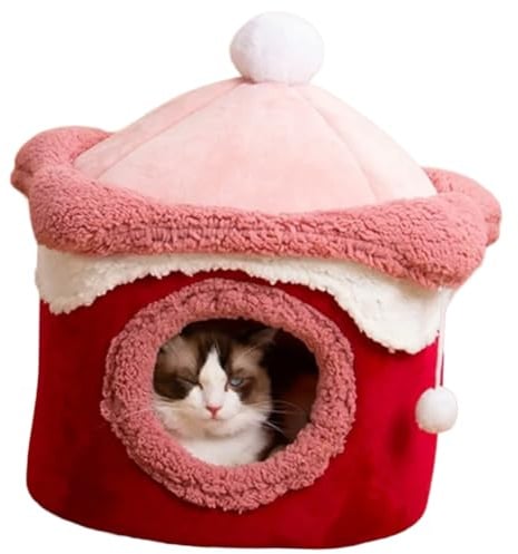 Ujjdwiurgh Cat Dog House Cave Warm Winter Deep Sleep Pet Nest Geometric Ice Cream House Fun Comfort Nest for Small Red 40x40cm Easy Install Easy to Use