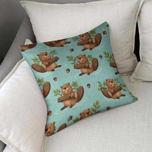 JOJOART Linen Pillow Covers 18x18 in Set of 2 Beaver Holding Branches and Logs Decorative Square Pillow Case for Couch Sofa Bed Chair Outdoor Bed Pillow Protectors