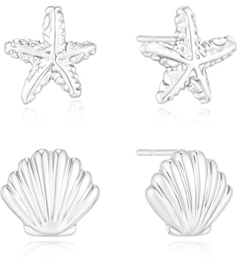 Asdecy 2 Paare Seestern Ohrringe Silber Stecker Damen/ 14K Gold Vergoldet Sommer Strand Muschel Ohrstecker Ohrring Ohrringes Hypoallergen Minimalistisch Boho Schmuck Geschenke