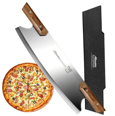 Aihomo Pizza Rocker Cutter, 13 Inch Mezzaluna Rocking Knife with Protective Cover, Japanese 420J1 Stainless Steel Slicer, Pakkawood Handles & Hand Guard for Homemade Pizza Nights