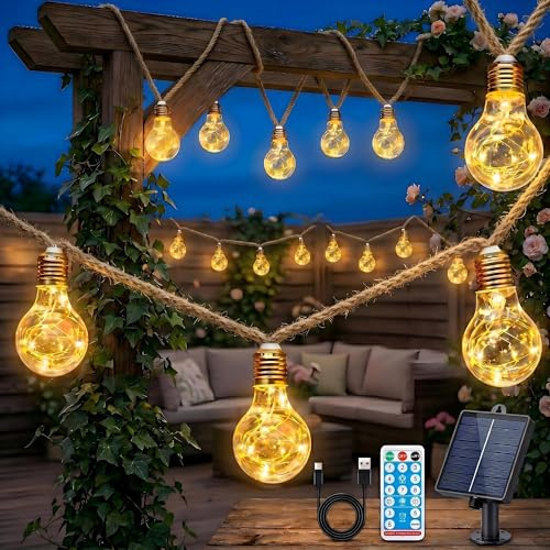 KDGOFUO Solar Lichterkette Außen, 8 m,16 LED Glühbirnen, warmweiß, Dimmbar | Solar Lichterkette Outdoor Wetterfest ,8 Modi, USB, Timer & Remote, Lichterkette Außen Solar für Garten Balkon Terrasse Party
