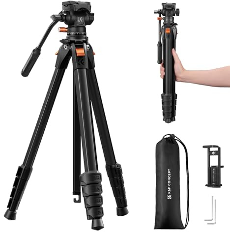 K&F CONCEPT 73” Camera Tripod with Fluid Head | Aluminum Travel Tripod for Video, Smooth Pan/Tilt for DSLR Mirrorless Camcorder, Max Load 6.6lb A305A3+FH-04