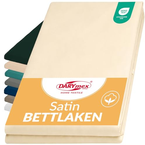DarymexLaken ohne Gummizug, Baumwoll-Satin, 200x220 cm, Creme | Flaches glattes Betttuch, glänzendes Baumwolllaken, Satin-Bettwäsche, pflegeleicht, waschbar 60°C