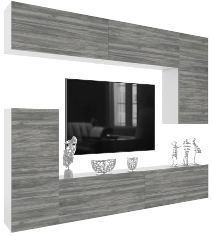 Belini Milano 8 Parete Attrezzata Mobile TV 250cm Grigio Opaco | Parete attrezzata per soggiorno, mobile TV moderno, spazio di archiviazione pratico