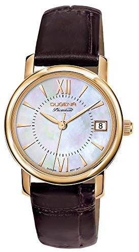 Dugena Damen-Armbanduhr Rondo Petit, Quarz, perlmuttfarbenes Zifferblatt, Edelstahlgehäuse, Saphirglas, 5 bar (braun)
