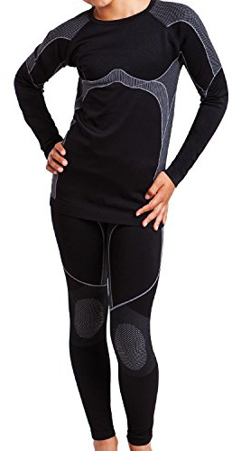 Set di Biancheria Termica, Funzionale e da Sci da Bambina e Bambino - Maglia e Pantalone - Senza Cuciture fastidiose - qualità celodoro - Diversi Colori (7-9 Anni (DE 134/140), Nero/Grigio)