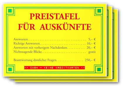 -3er Set Postkarte LUSTIG - Motiv: PREISTAFEL FÜR AUSKÜNFTE, Anlass: Textkarten Fun, Künstler/Verlag: ECKI DESIGN, Größe: A6