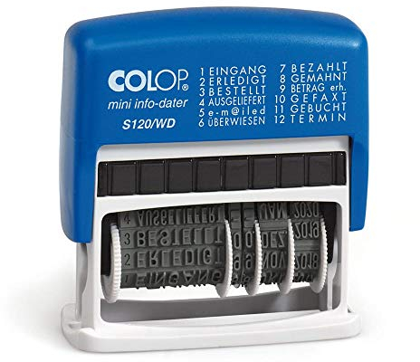 Colop S120/WD MiniInfoDater Schrifthöhe 4 mm Kissen blau/rot 12 Texte Farbe Blau