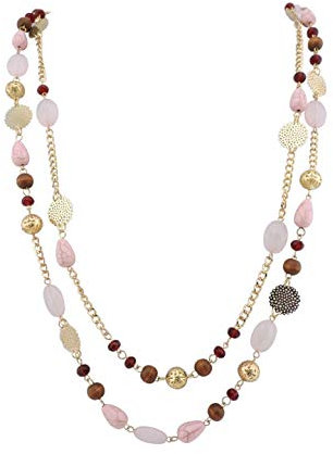 Bocar 14K Placcato Oro Catena di Collegamento 2 Strati di Cristallo Legno Acrilico colorato Donne Partito Lungo Collana Regalo (NK-10084-pink)