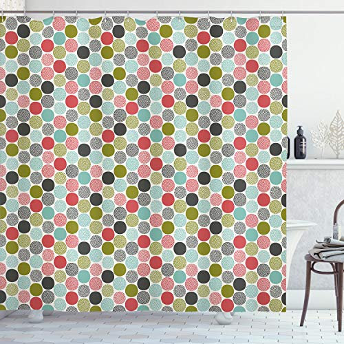 ABAKUHAUS Bunt Duschvorhang, Retro Fashion Fun Childish, Stoffliches Gewebe Badezimmerdekorationsset mit Haken, 175 x 200 cm, Korallenrot Grün