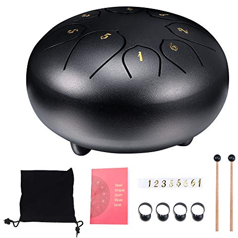 HITECHLIFE 6 Zoll Steel Tongue Drum Percussion Instrument D-Dur 8 Sounds mit 2 Drumsticks 4 Fingerabdeckung Tragetasche und Aufkleber für Yoga Zazen Meditation
