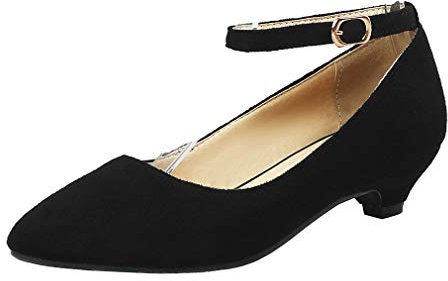 LOVOUO Escarpin Petit Talon Femme Bride Cheville Daim Kitten Heel Shoes Chaussure Bout Pointu avec Boucle(Noir,40)