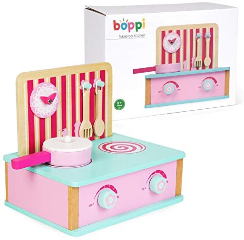 boppi Wooden Tabletop Kids Toy Kitchen Pretend Play Cooker Counter Hob | Cooking Utensil & Saucepan Toys & Accessories for Children 3 Years and Up