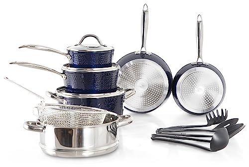 Kitchen Academy 15 Pieces Non-Stick Cookware Set, Nonstick Induction Granite-Coated Pot Pan Set, Includes Lids, Frying and Pans Accessories - Aluminium Hammered Blue