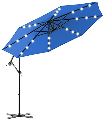 RELAX4LIFE Parasol Deporté Lumineux Ø300cm avec 24 LEDs et Base en Croix, Parasol de Jardin Hauteur et Angle Réglables avec Manivelle pour Balcon, Terrasse, Piscine (Bleu)