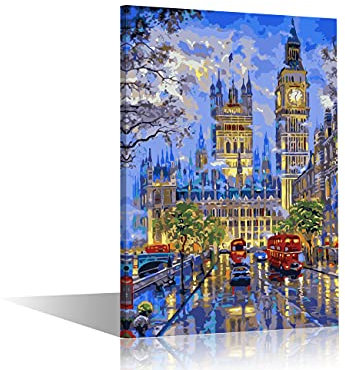 Abstraktes Gemälde Big Ben London Stadtbild Bild auf Leinwand, Wandkunst, modernes Kunstwerk, Wanddekoration für Zuhause, Schlafzimmer, Büro, Dekor mit Rahmen, 61 x 40,6 cm