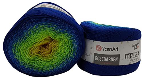 Yarnart Rosegarden, 500 Gramm Bobbel Wolle Farbverlauf, 100% Baumwolle, Bobble Strickwolle Mehrfarbig (blau grün gelb 320)