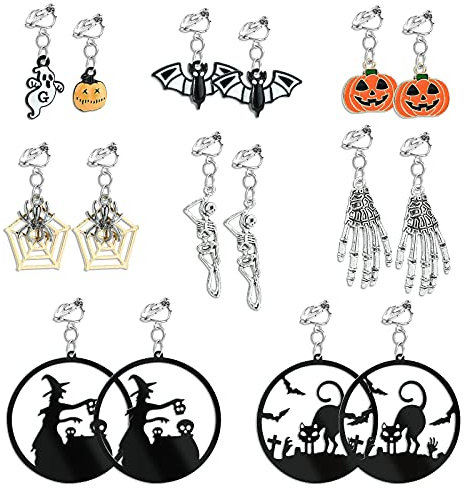 Hifot 8 Paar Halloween Clip Ohrringe Mädchen Damen, Kürbis Geist Spinne Schädel Festliche Atmosphäre Ohrclips Schmuck Zubehör, Halloween Thema Pretend Play Dress up Ohrringe