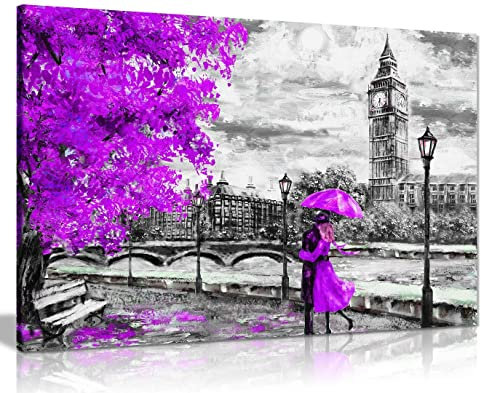 Stampa artistica su tela con immagine di Londra, Big Ben viola, Umbrealla, decorazione per la casa, 31 x 20 cm