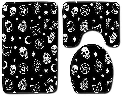 100 yeah Gothic-Badezimmermatten-Set mit Totenkopf-Katze, Mond, 3-teilig: Badematte (45 x 75 cm), U-förmige WC-Matte (37,5 x 45 cm), WC-Deckel (35 x 45 cm), Flanell, Schwarz, Matt, Badezimmerteppiche
