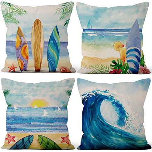 Aoihrraan 46x46cm Juego De 4 Fundas De Cojin El Verano Playa Tabla Surf Rocío del Mar Cuadrado Lino Decorativo Funda De Almohada Decoración Hogar para Hawaii Cama Sala De Estar Sofá Exterior Jardín