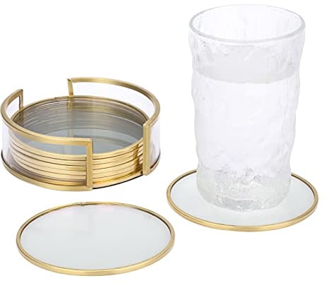 BSTKEY 8 Pack Glass Clear Gold Coasters, 10CM Round Cup Coaster Candle Plate with Holder, Decorative Cup Coaster Set for Coffee Tea Wine Drinks