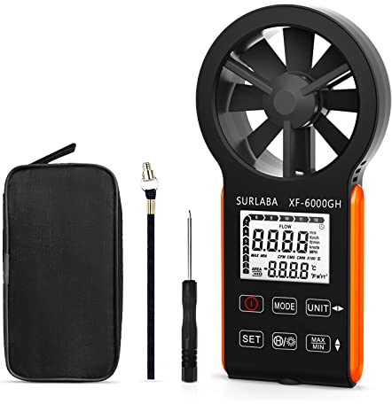 SURLABA Air Flow Anemometer Outdoor, Digitaler Windmesser 0,3-30m/s Wind Gauge, Windmessgerät misst Luftgeschwindigkeit, CFM Windstrom & Temperatur, Luftdurchflussmesser für HVAC, Drohnen, Garten