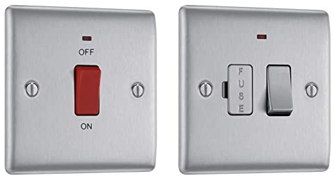 BG Electrical NBS74-01 Switched Cooker Control Unit with a Power Indicator, 45 Amp, Brushed Steel & NBS52-01 Switched Fused Connection Unit with a Power Indicator, Brushed Steel, 13 Amp