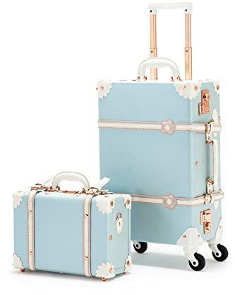 COTRUNKAGE Vintage Trolley Koffer Handgepäck mit Rollen, Reisekoffer Set 2 Teilig mit Beautycase, TSA Schloss, 55cm Handgepäck + Kosmetikkoffer(Himmelblau)
