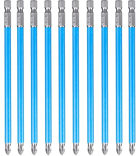 Treki 10PCS Puntas de Destornillador Magnético PH2 Cruz Puntas Magnéticas de Aleación de Acero Largas Puntas de Impacto Antideslizantes S2 Destornillador de Puntas de 1/4 '' Vástago Hexagonal 150mm