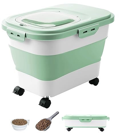 DDMOMMY 15-20 Lbs Dog Food Storage Container,Collapsible Dog Food Container with Wheels Airtight Lids Locking, Pet Food Storage Containers Dry Food For Dog, Cats and Other Pet(Green and white)