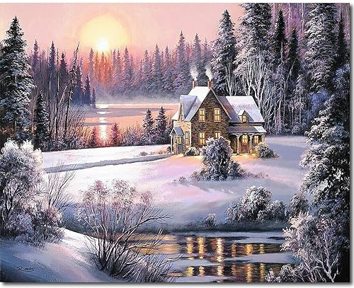 Fuumuui Peinture par numéros pour débutants adultes et enfants, avec pinceaux et peintures acryliques, 40 x 50 cm, paysage, lever du soleil d'hiver