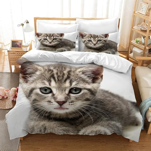 CXYXHW Katze Bettwäsche Set 135x200cm,3D Katzenmotiv Mikrofaser Bettbezug,Haustier Katze Bettwäsche-Sets 3teilig mit Reißverschluss,tierbedruckte Betten Set für Mädchen Jungen Kinder (B, 135x200cm)