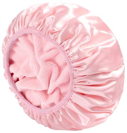 Triple Layer Shower Cap, VIPITH Adjustable Large Bathing Cap with Dry Hair Function Microfiber Terry Cloth Silky Satin Waterproof Reusable Long Hair Bath Cap (Pink)