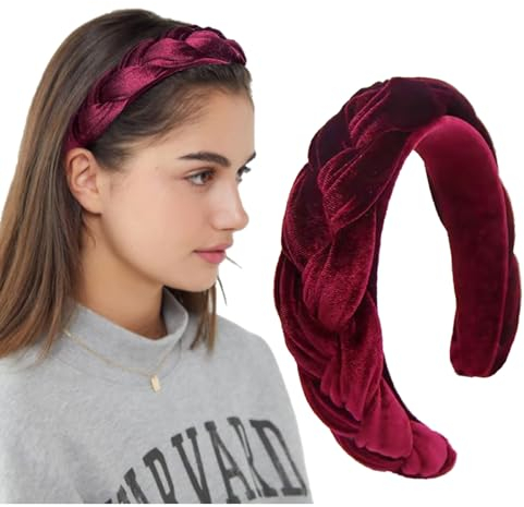 LEBENSWERT Haarreif Samt Geflochtener Haarreifen Damen Trachten Haarreif breit Vintage Harrband Mode Stirnbänder für Frauen (Weinrot)