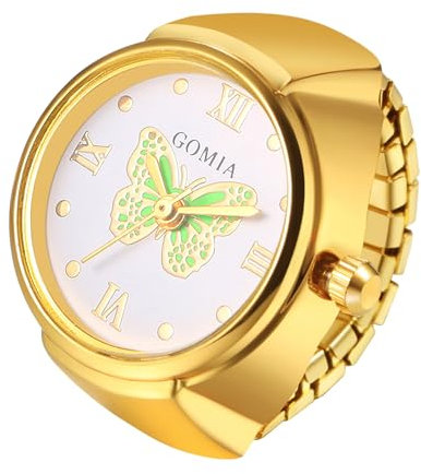 JewelryWe Ringuhr Fingeruhr Elastisch Schmetterling - Damen Analog Quarz Fingerringuhr Ring Uhr Uhrenring mit Grün Schmetterling Römischen Ziffern Zifferblatt und Gold Legierung Elastisch Band