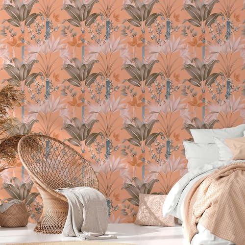 BRICOFLOR Palmen Tapete in Apricot Braun Rosa Moderne Vliestapete mit Blättern ideal für Schlafzimmer und Wohnzimmer
