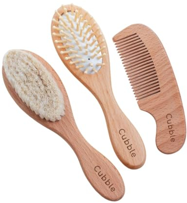 Cubble 4-Piece Baby Hair Brush and Comb Set with Storage Bag for Newborns and Toddlers, 100% Natural Beech Wood Hair Brush with Soft Goat Bristles and Comb, Cradle Cap Treatment and Massage Brush