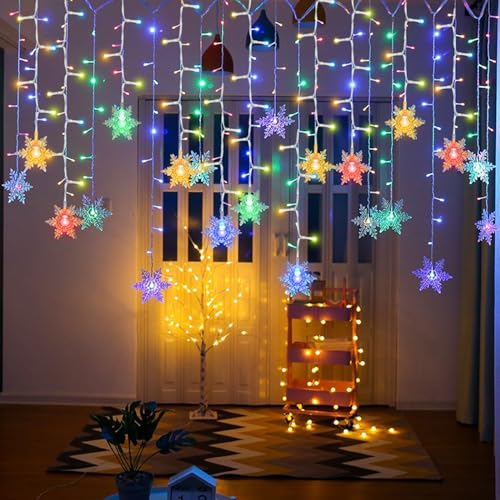AUAUY Schneeflocken Lichtervorhang, USB Weihnachtesbeleuchtung 8Modi Lichterkettenvorhang 4M 96LEDs Stimmungslichter, IP44 Lichterkette für Innen Außen, Weihnachten, Balkon, Fenster, Hochzeit-Bunt