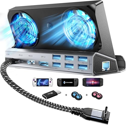 YCBUENO Dual Cooling Fans 11-in-1 Steam Deck Docking Station with HD 2.0,6 USB Ports,RJ45 1000Mbps,VGA,DP1.2,100W PD, 40Gbps Adapter per Steam Deck/Rog Ally/Switch/Legion Go