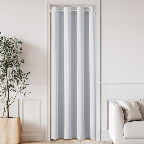 PONY DANCE Türvorhang Hitzeschutz Vorhang Tür ohne Bohren Ösenschal Türgardine mit Teleskopstange (Vorhang Grau-weiß + Stange Weiß) Gardine H 200 x B 150 cm, Stange 45-130 cm