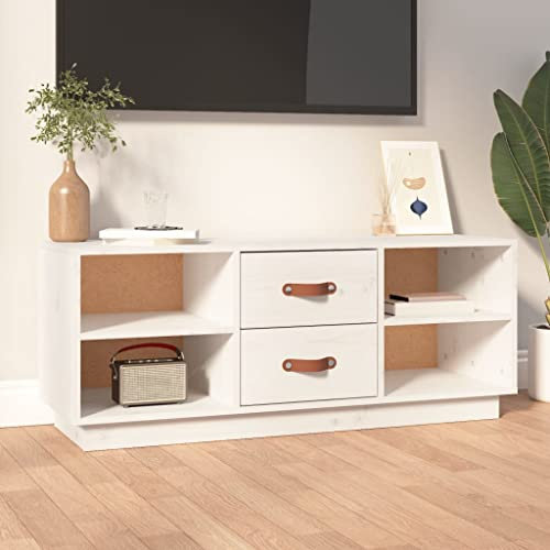 SMTSEC Meuble TV en pin massif Blanc 100 x 34 x 40 cm