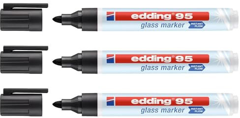 EDDING 3 x Marker für Glasoberflächen, 95, Schwarz, Rundspitze 1,5-3 mm