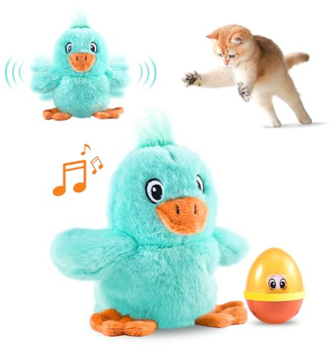 Migipaws Interactive Plush Cat Toy with Catnip, Automatic Chirping and Flapping, Touch Activated, Rechargeable Feeder Toy (Quaki)